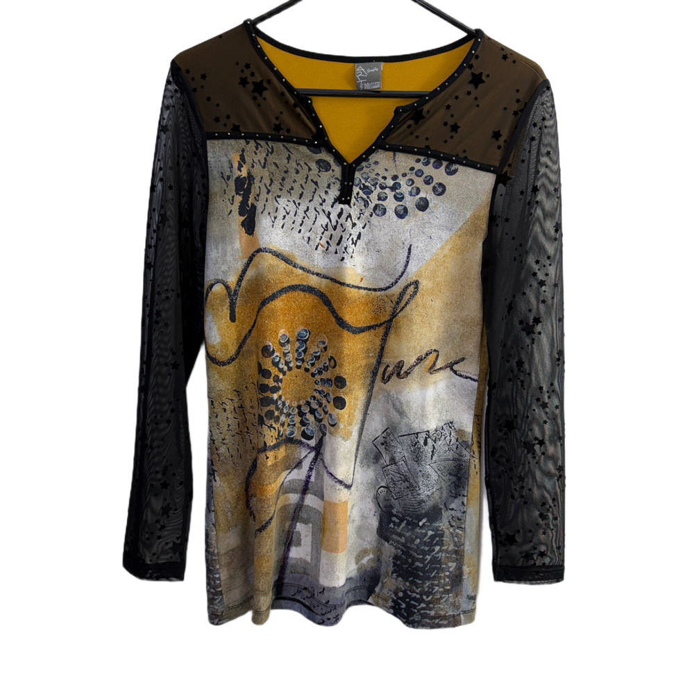 Simply Art by Dolcezza Top Womens Abstract Long Sleeve Shirt Stars Artsy Boho